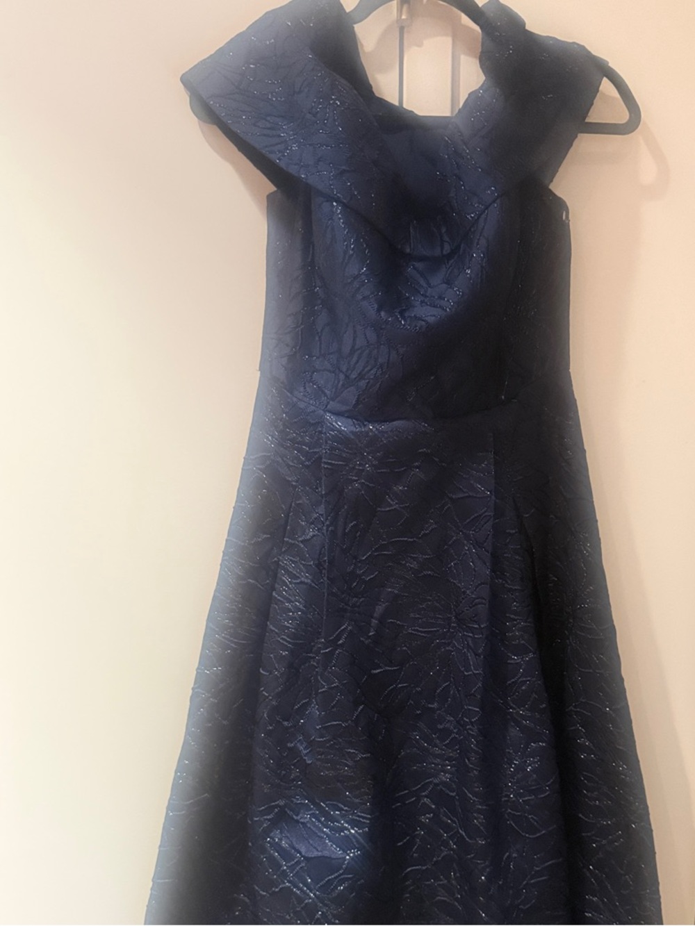Navy Off-Shoulder Sparkle Fit-and-Flare Wedding Dress